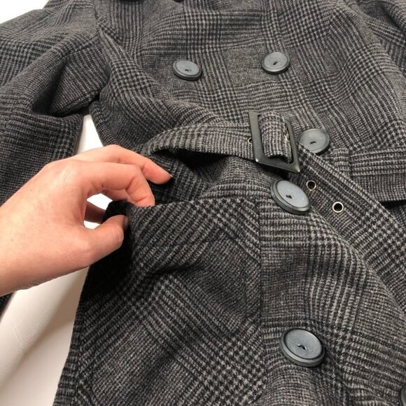 𝅺RICKI’S Grey Plaid Military Style Belted Wool Blend Thick Peacoat Trench Coat - Picture 10 of 16
